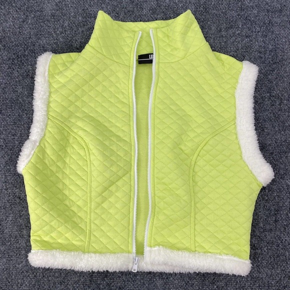 Women’s Size M Quilted Vest Neon Lime Green Faux Fur Trim Transitional Lux L A - Picture 8 of 10
